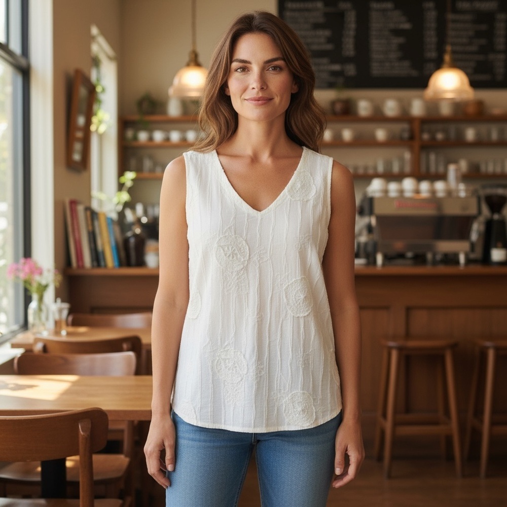 🌻Peanut Punch Ivory Textured Lagenlook Minimalist Gauze Tank Blouse Size Small